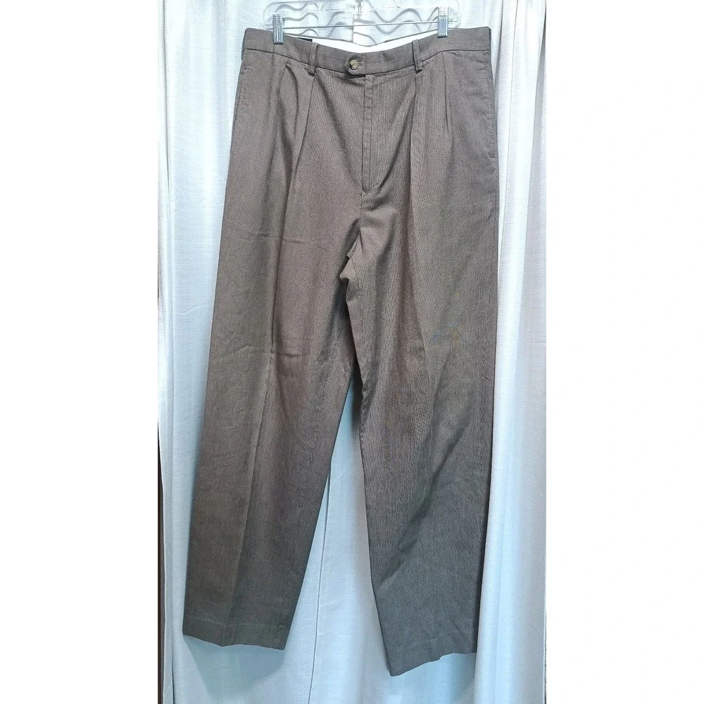 Vtg Tommy Hilfiger Men's 36x34 Brown Houndstooth Cotton Pleated‎ Dress Pants